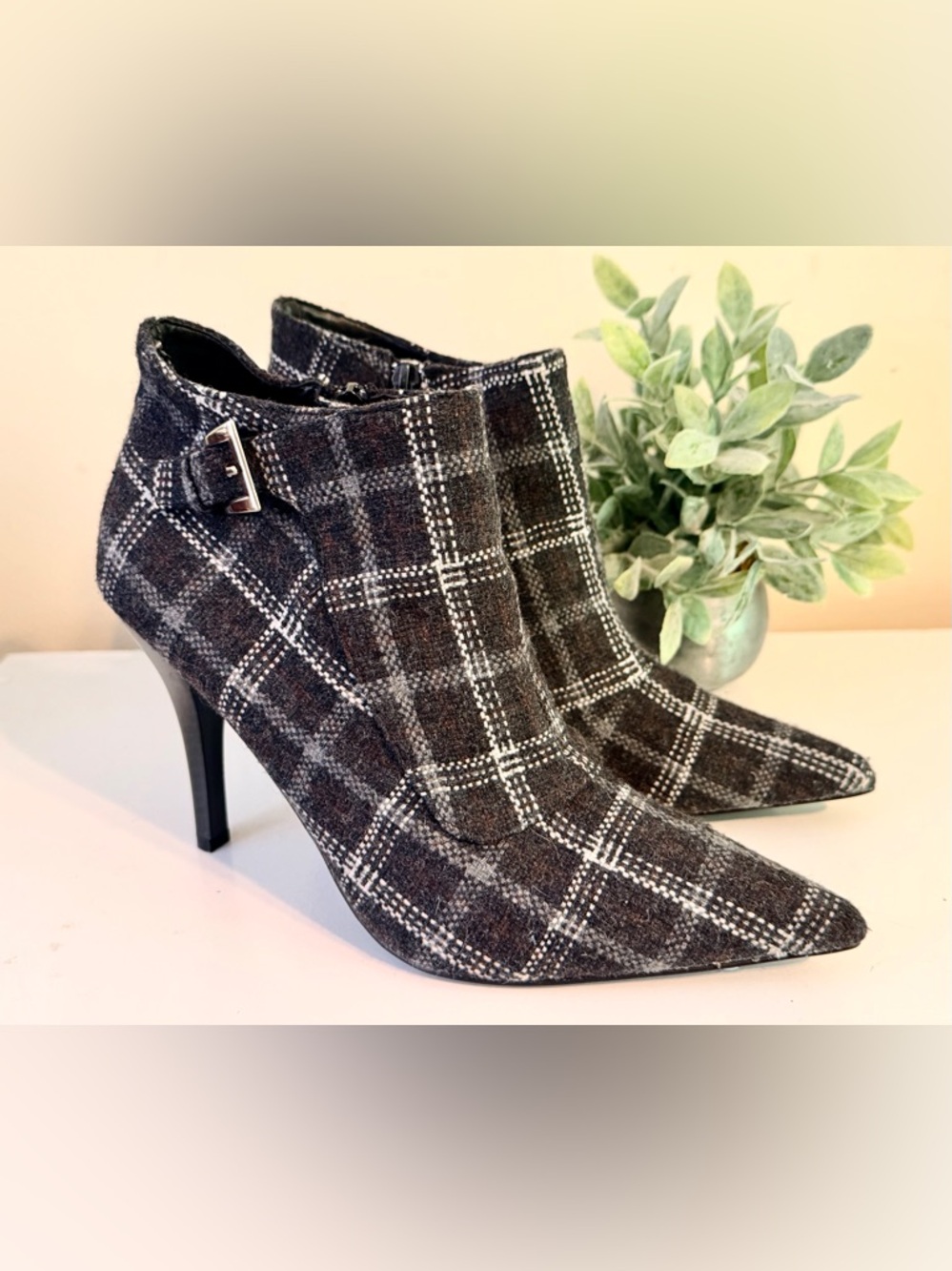 Anna Michelle Charcoal Gray Plaid Ankle Boots Spike Heel